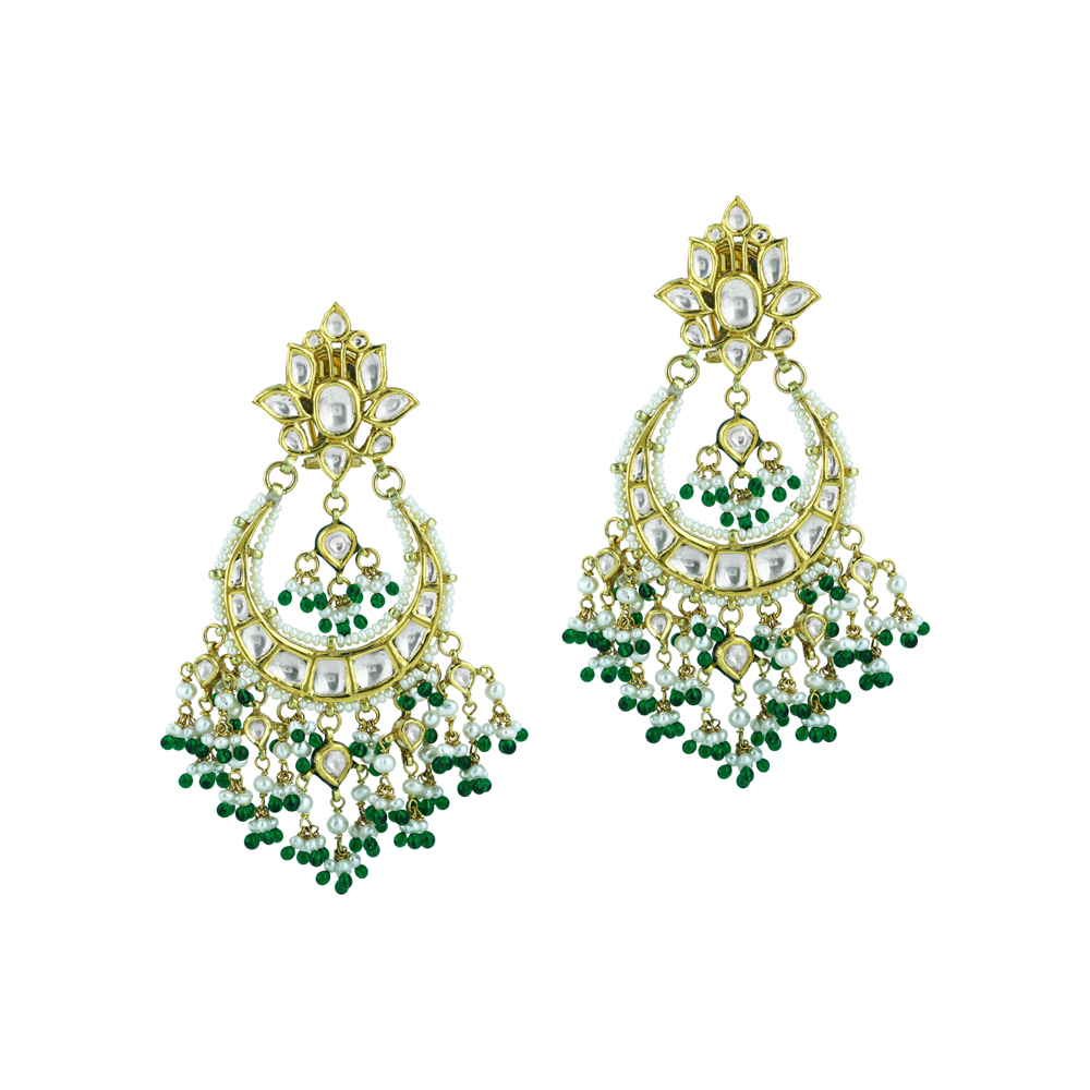 Chandbali Earrings with Polki, Green Beads, and Pearls